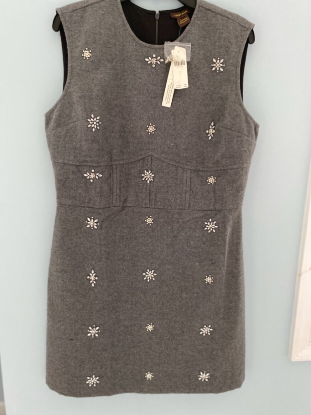 Anthropologie Vineet Bahl Crystal Shift Dress Wool Blend Beaded Gray Size L